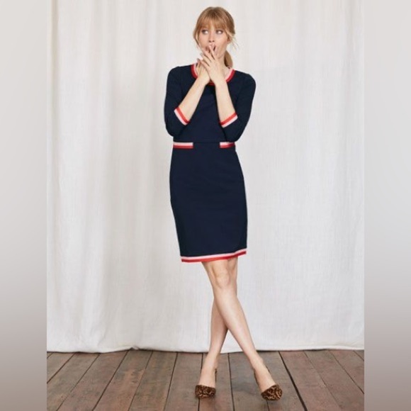 BODEN Gloria Ponte Knit Dress Navy Blue Stripes Retro 60s Shift Pockets Size 12 - Picture 1 of 8